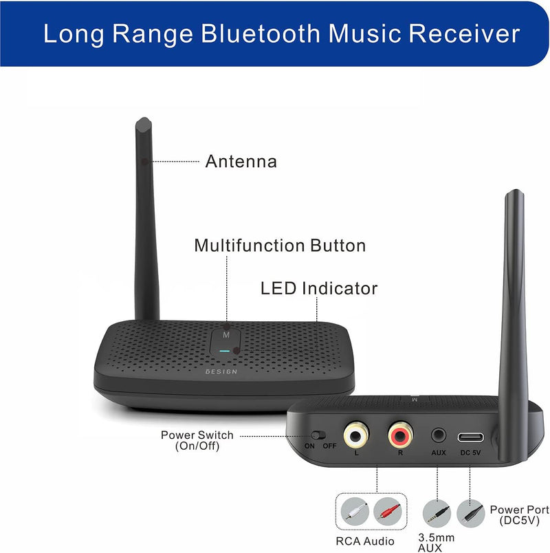 [AUSTRALIA] - Besign BE-RCA Pro Long Range Bluetooth Adapter for Bluetooth Music Streaming, Black 