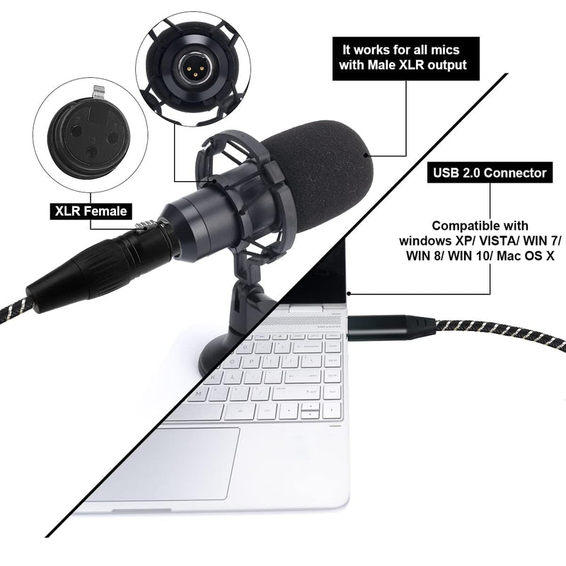 USB Microphone Cable 6.6Ft,XLR to USB Cable,USB Male to XLR Female Mic Link Cable Adapter for Microphones,Recording,Karaoke,Live Podcast 6.6Feet USB to XLR Female
