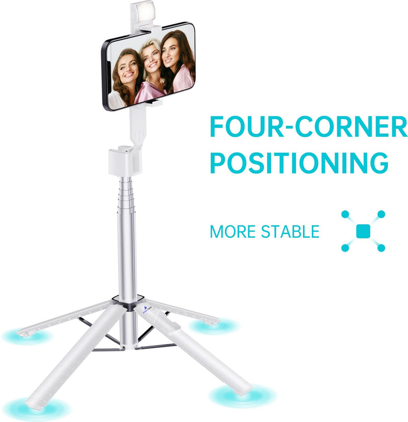 Ambertronix 40” Selfie Stick Tripod Quadrapod, Onboard Light, Wireless Bluetooth Remote, Extendable, Stainless Steel, 3 Light Modes, 9 Brightness Levels, Compatible with All iPhone & Android Devices Chrome
