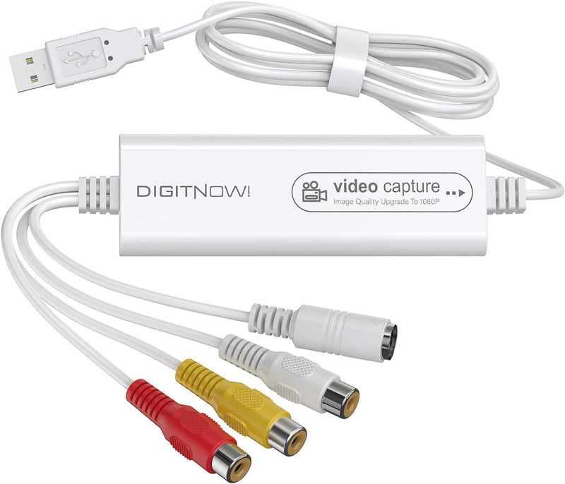 VHS TO Digital Converter, USB Video Capture Card, Video Capture Device, RCA TO USB Converter,Convert VHS VCR Hi8 Mini DV to Digital/DVD,For Tape Player Camcorder Camera PC TV,Windows Mac OS Compatible White