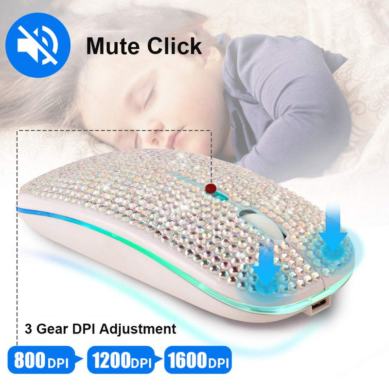 Attoe Bluetooth Mouse,Bling Dazzling 2.4GHz Rechargeable Wireless Mouse Slim Mouse with USB Receiver,Compatible with Notebook,PC,Laptop,Computer,MacBook,Great Gift idea for Her (White) White