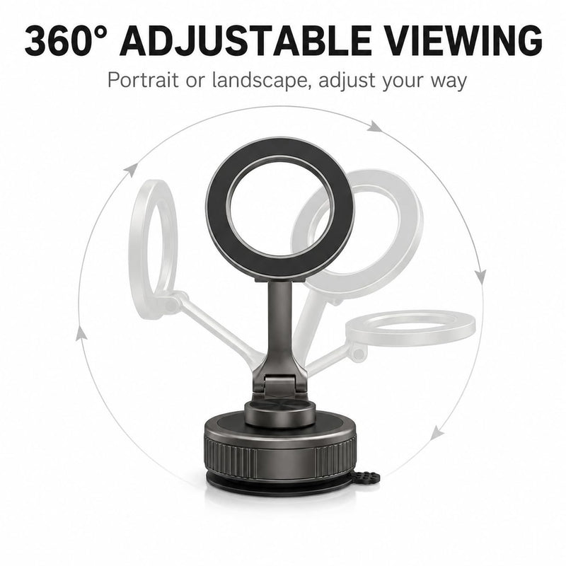 Suction Phone Mount for Car, Twist-Lock, Fold-Flat for MagSafe | Up to 98 lb suction, 2400gf N52 magnetic hold, zinc alloy body, 360° adjustable, folds to 0.75 in, magnetic ring included