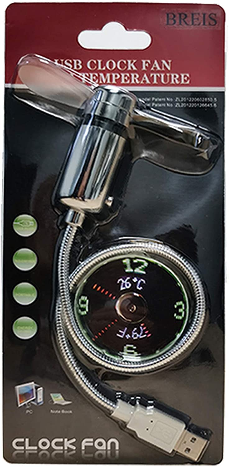 New USB Clock Fan with Real Time Clock and Temperature Display Function,Silver,1 Year Warranty (Temperature and Clock)