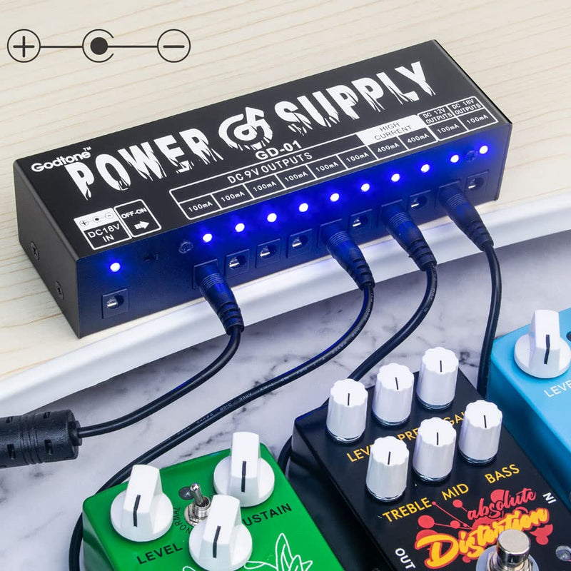 Guitar Pedal Power Supply 10 Isolated DC Outputs for 9V/12V/18V Guitar Effect Pedal GD-01