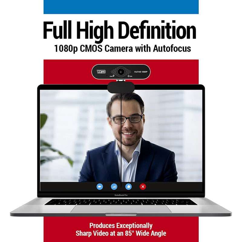 Vidpro CM-HD 1080P Full HD Webcam with Built-in Microphone and Mini Tripod - Plug and Play 85-Degree FOV USB Webcam with Noise Canceling Filter Perfect for Video Calls Meetings Live Streaming Gaming