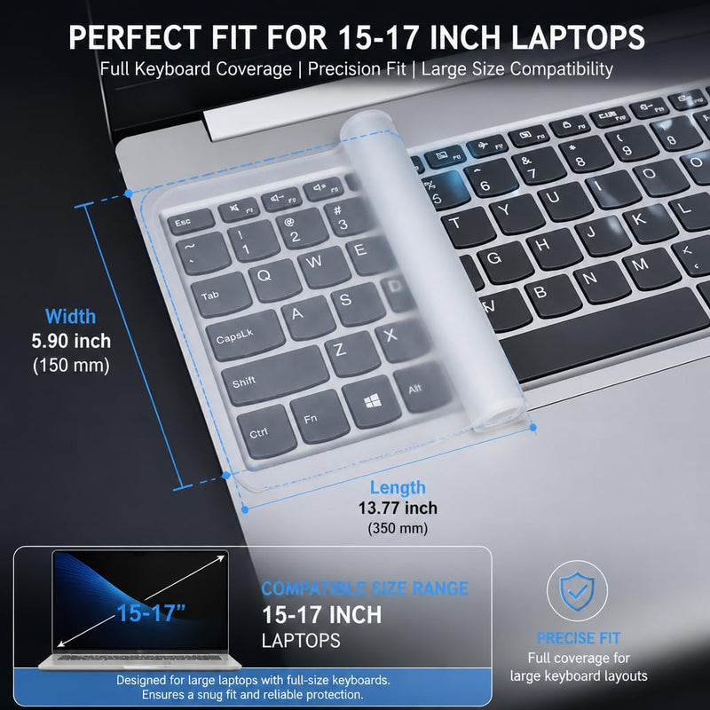 Ultra Thin Universal Silicone Keyboard Cover Protector for 13–17.6 Inch Laptops, Waterproof Dustproof Clear Keyboard Skin for Laptop Notebook Protection (15–17 Inch Compatible)