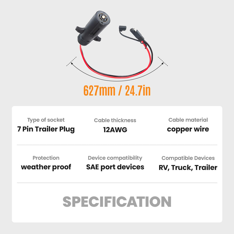 7 Pin Trailer Plug to SAE Connector Adapter - Heavy Duty 10AWG 7 Pin Trailer Cables 1/2/3ft Waterproof Trailer Plug Adapter for RV, Truck, Marine 12V Devices (2Pack, 2ft) 2