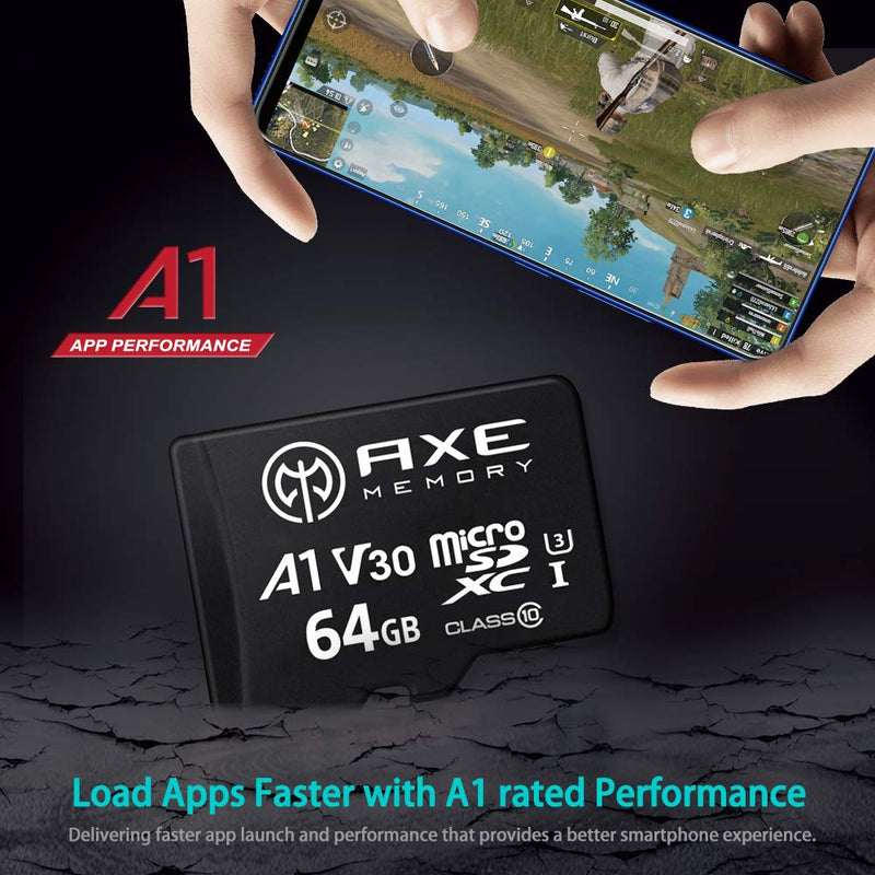 AXE MEMORY 64GB microSDXC Memory Card + SD Adapter with A1 App Performance, V30 UHS-I U3 4K Black - A1 High Speed 64 GB