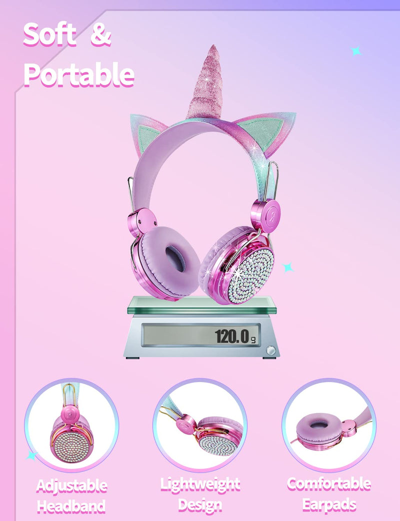 [AUSTRALIA] - Kids Unicorns Headphones with Mic for School/Travel,95dB Volume Limited,Shareport,On/Over Ear Wired Headsets with Nylon Cable-Hot Pink Rose2 