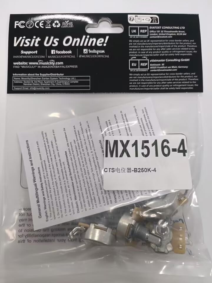 CTS 450 B250K Pots Short Split Shaft 1/4 Inch 10% Linear Taper Potentiometers for Electric Guitar Bass (Set of 4) B250K x 4