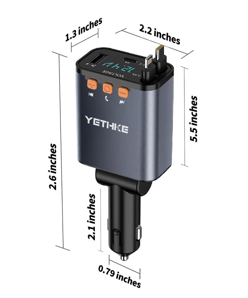 [AUSTRALIA] - Bluetooth Car Adapter with Retractable Charger, FM Transmitter Bluetooth 5.4 for Cars, 4 in 1 Fast Car Phone Charger 69W, Handsfree Call, 2*Retractable Cable for iPhone 17/16/15/14, Galaxy-Black Black 
