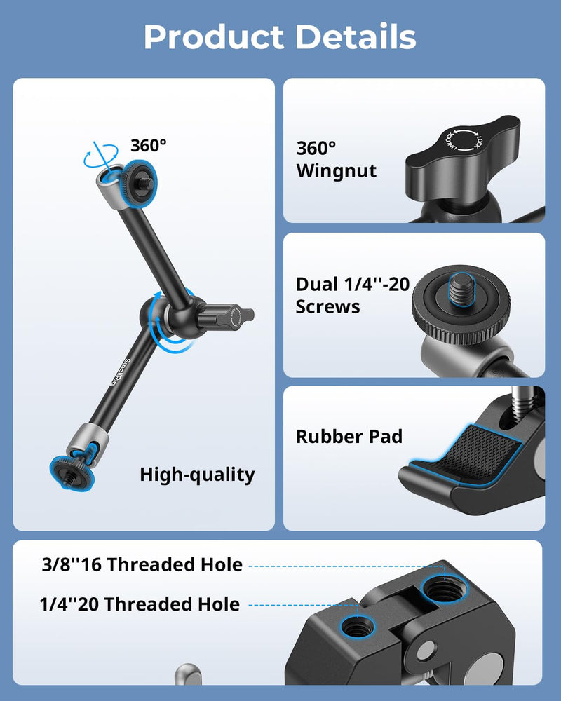 SmallRig Clamp w/ 1/4" and 3/8" Thread Holes, 9.8 Inches Adjustable Friction Power Articulating Magic Arm with Phone Holder for Action Cameras, Smartphones, LCD Monitor/LED Lights - 5326 9.8''+phone clamp
