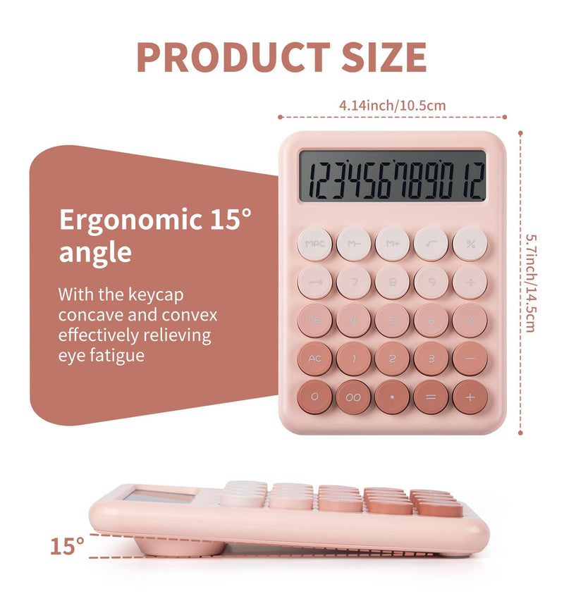 Calculator, Desk Calculators, Cute Pink Calculator, 12 Digit with Large LCD Display, Basic Standard Calculator, Big Button, Aesthetic Calculator, Mechanical Calculator for Office School
