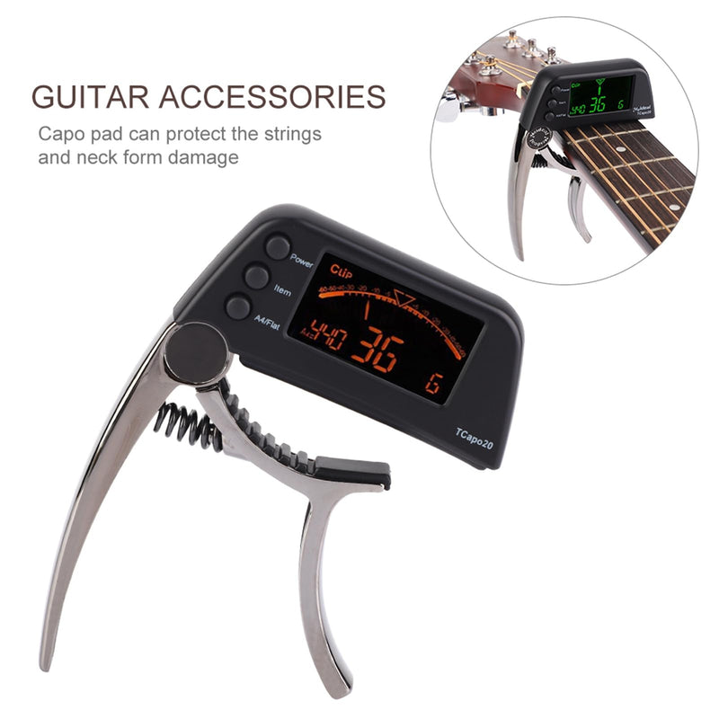 Guitar Capo Tuner, 2 in 1 Clip On Capo with Digital Tuner for Guitar and Bass Zinc Alloy Built in Tuner Chromatic Tuner with LCD Display (Plating bronze) Plating bronze