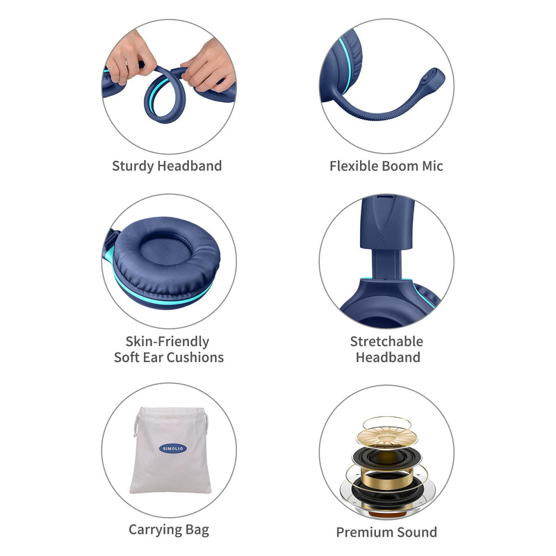 SIMOLIO-Kids-Headphones-School with-USB-C to 3.5mm Dongle, Boom-Microphone | 75/85/94dB Volume Limit,Mute Button,Bag, Stereo Over-Ear Wired Headset for iPad,iPhone,Tablet,Boy,Girl,Gaming,Travel,Airplane Rose & Navy USB C & 3.5mm