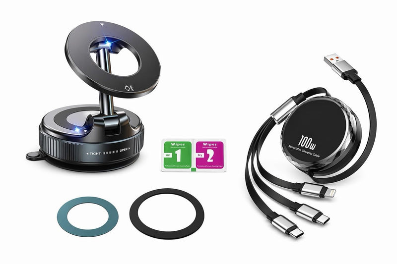 2026 Magnetic Car Phone Holder with 100W Fast Charging Cable, 2-in-1 Dashboard Mount for iPhone & Android, 360⁰ Adjustable Magnetic Car Phone Holder