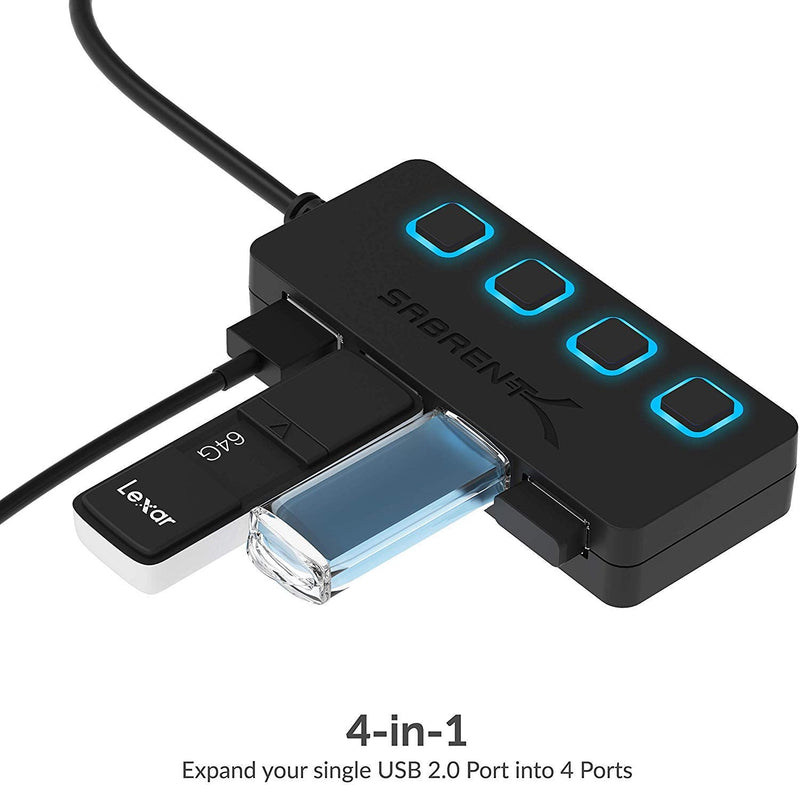 SABRENT 4-Port USB 2.0 Data Hub, LED Power Switches (HB-UMLS) | Individual LED-lit power switches; data only (charging not supported); for Mac & PC USB-A 4-Port