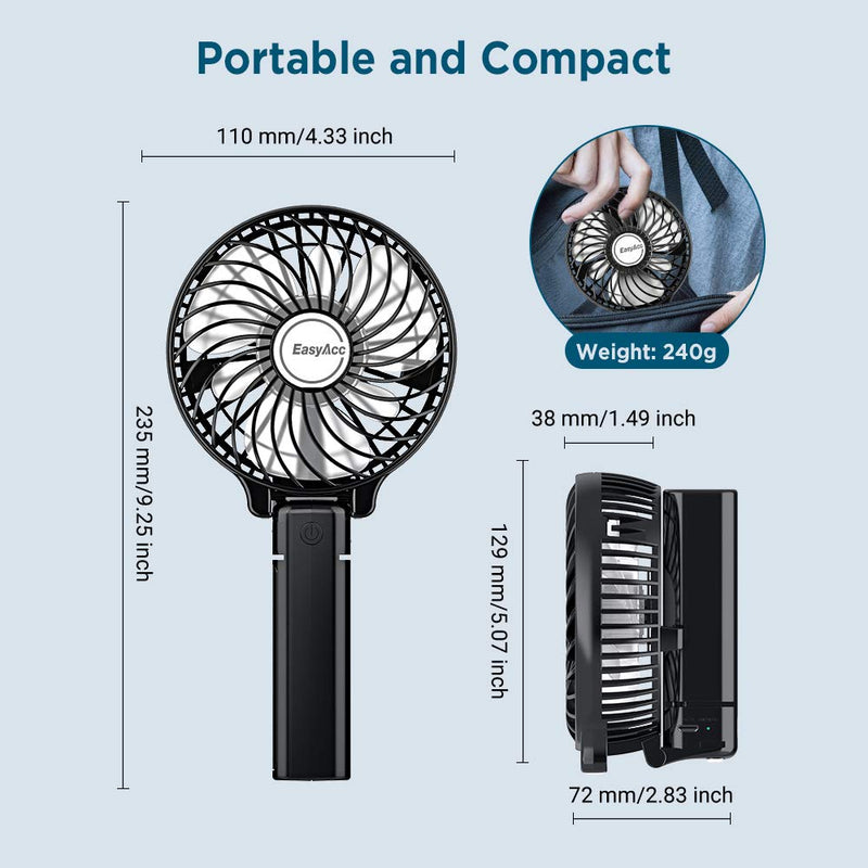 Mini Handheld Fan, EasyAcc USB Desk Fan Small Personal Portable Hand Fan Table Fan with Rechargeable Battery Operated Cooling Folding Electric Fan 3-10H Working Hours for Travel Office Outdoor- Black 3-10 Working Hours