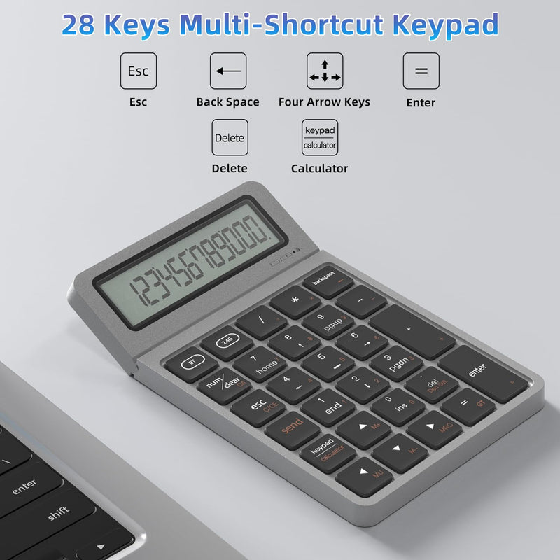 2-in-1 Wireless Bluetooth Number Pad, Bluetooth 5.0 & 2.4G Numeric Keypad with Calculator & Adjustable Screen, USB C Rechargeable Numpad for Laptop, Mac, iMac, Windows,Tablet, PC Desktop - 33ft Range