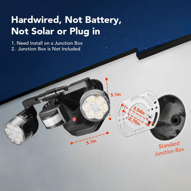 [AUSTRALIA] - OREiN Motion Sensor Outdoor Security Light, Adjustable Dual-Head LED Flood Light, 3 Modes(Motion/Manual/Dusk to Dawn), 150W Equivalent 5000K, IP65 Waterproof Exterior Lighting, Hardwired Black 2 Heads 