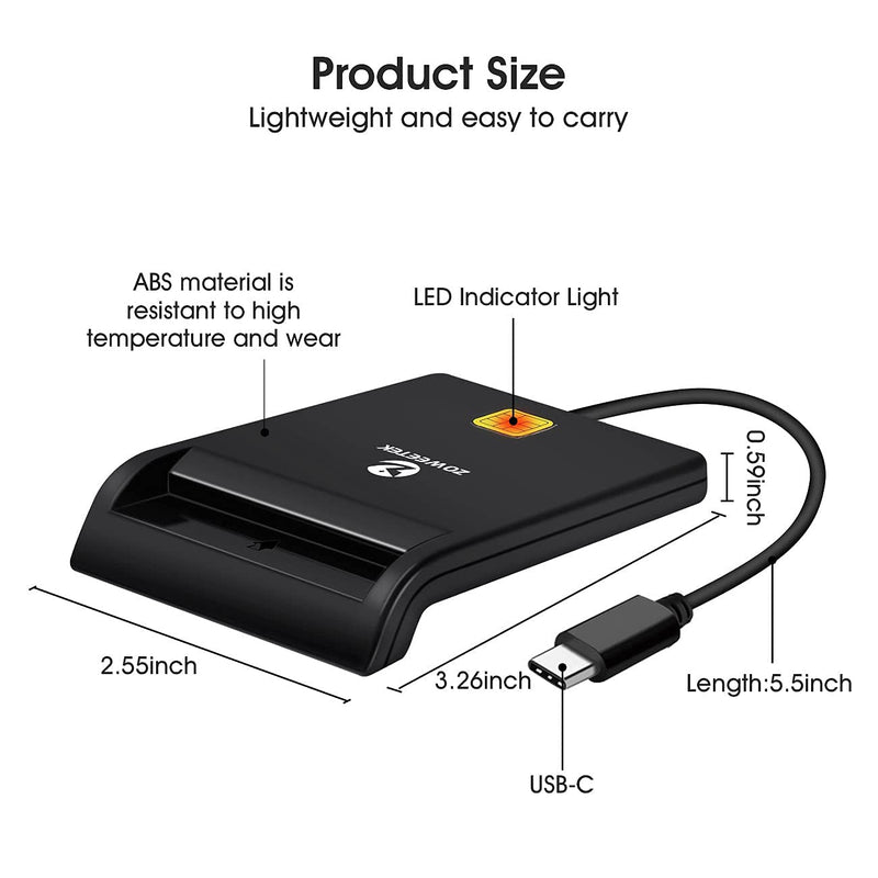 ZOWEETEK Type C CAC Reader, Smart CAC Card Reader USB C for DOD Military Common Access CAC, Compatible with Windows, Mac OS