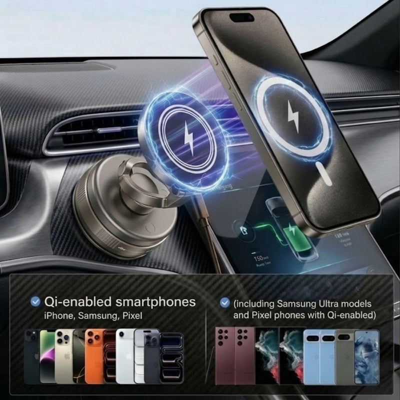 Wireless Charger Phone Holder for Car, 15W Fast Charging, Strong Magnetic Suction, 360° Adjustable Foldable Mount with Strawberry car Paper freshener