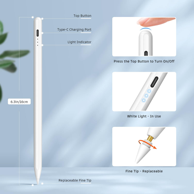Fast Charge Stylus Pen for iPad, Palm Rejection & Tilt Sensitivity, Compatible with iPad Pro 11/12.9in, iPad 6/7/8/9/10, iPad Air 3/4/5, iPad Mini 5/6 White
