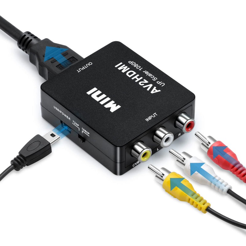 RCA to HDMI Converter, 1080P Mini RCA Composite CVBS Video Audio Supporting PAL/NTSC for TV/PC/ PS3/ STB/Xbox VHS/VCR/Blue-Ray DVD Players (RCA Adapter+HDMI Cable) 2 in 1
