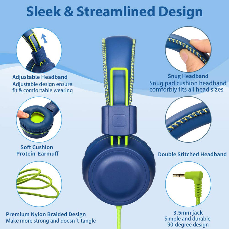POWMEE M2 Kids Headphones Wired Headphone for Kids,Foldable Adjustable Stereo Tangle-Free,3.5MM Jack Wire Cord On-Ear Headphone for Children/Teens/Girls/School/Kindle/Airplane/Plane/ (Blue) Blue