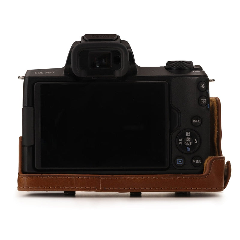 MegaGear Canon EOS M50 Leather Camera Case - Premium PU Leather Protective Cover, Ever Ready Design with Battery Access - 15-45mm Lens - Light Brown