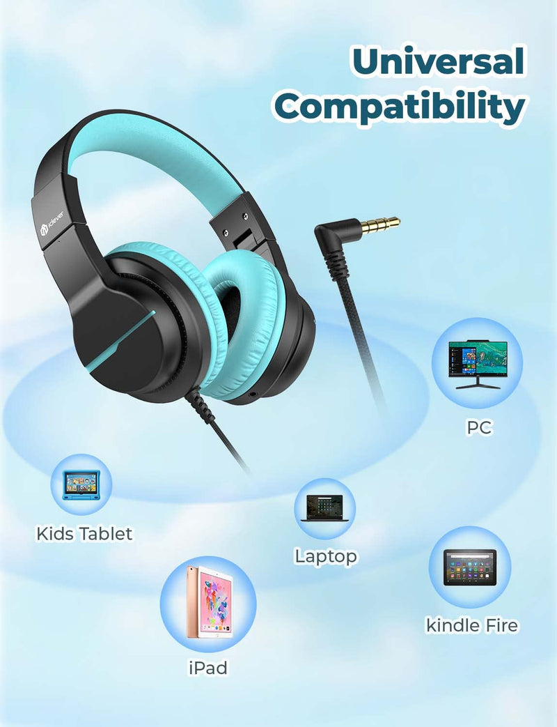 iClever HS19 Kids Headphones with Microphone for School, Volume Limiter 85/94dB, Over-Ear Girls Boys Headphones for Kids with Shareport, Foldable Wired Headphones for iPad/Travel (Black) Black