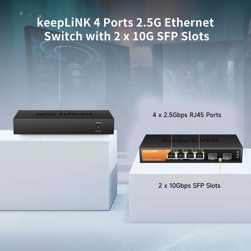 6-Port 2.5G Switch Unmanaged, 4 x 2.5GBASE-T Ports & 2 x 10GBASE-T SFP Slots, 60Gbps Switching Capacity, Plug & Play/Wall Mountable/Fanless Metal, Compatible with 1000Mbps Devices 6 Port 2.5G Unmanaged