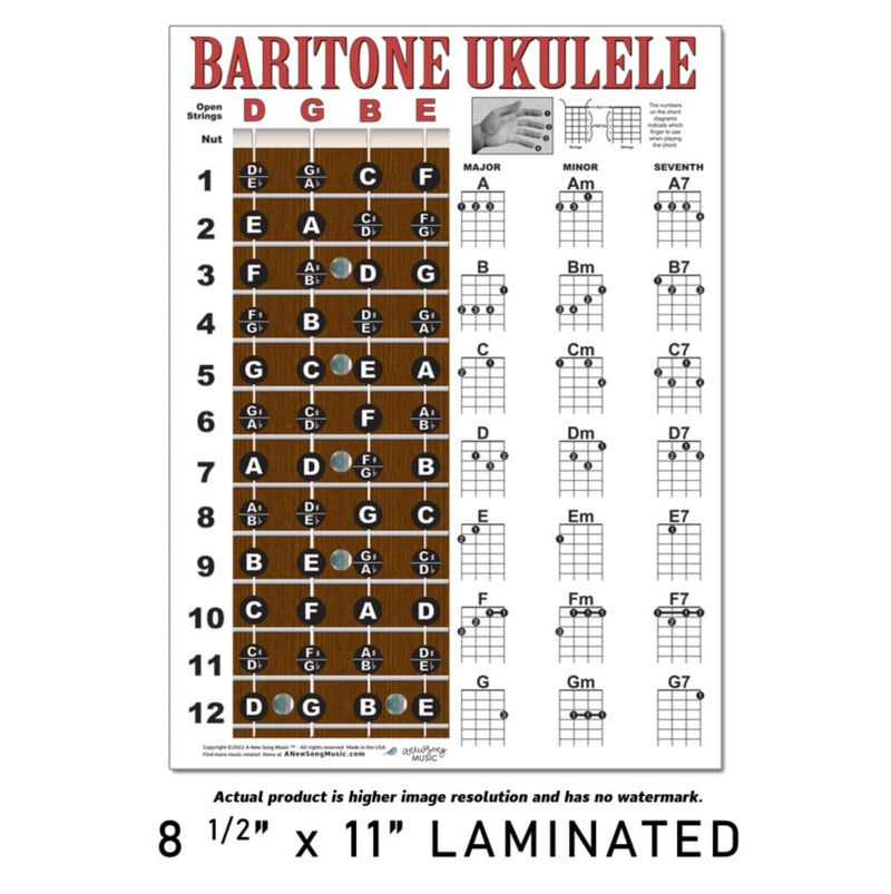 Laminated Baritone Ukulele Fretboard & Chord Chart Easy Instructional Poster Bari Uke Notebook 8.5"x11" | A New Song Music
