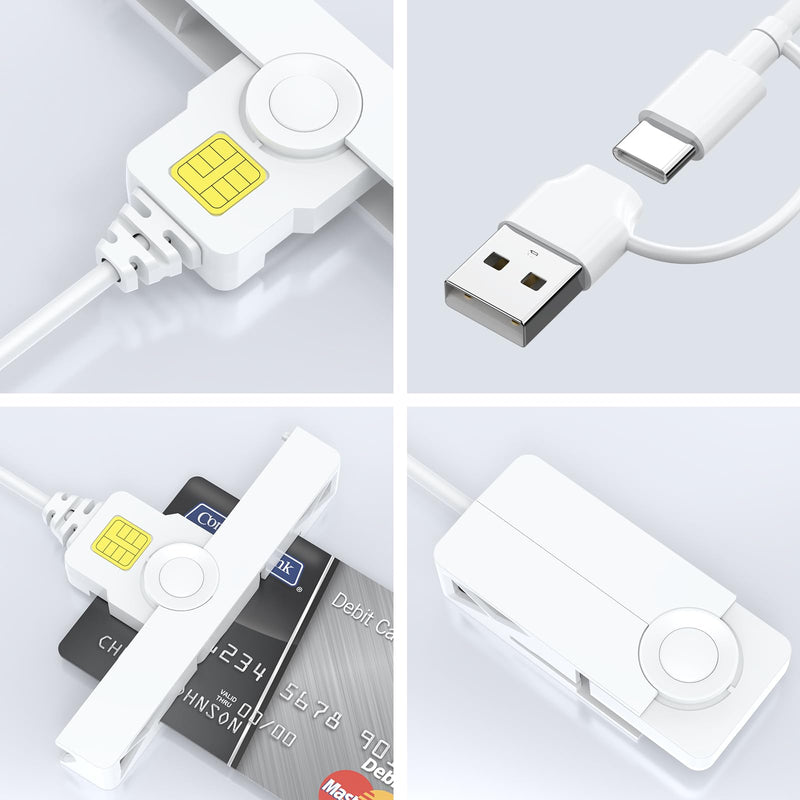 CAC Card Reader 2 in 1 USB/USB C Dual Connector, DOD Military USB Common Access CAC Reader Type C USB Smart Card Reader Compatible with Windows, Mac OS Mini Fold Plug and Play White