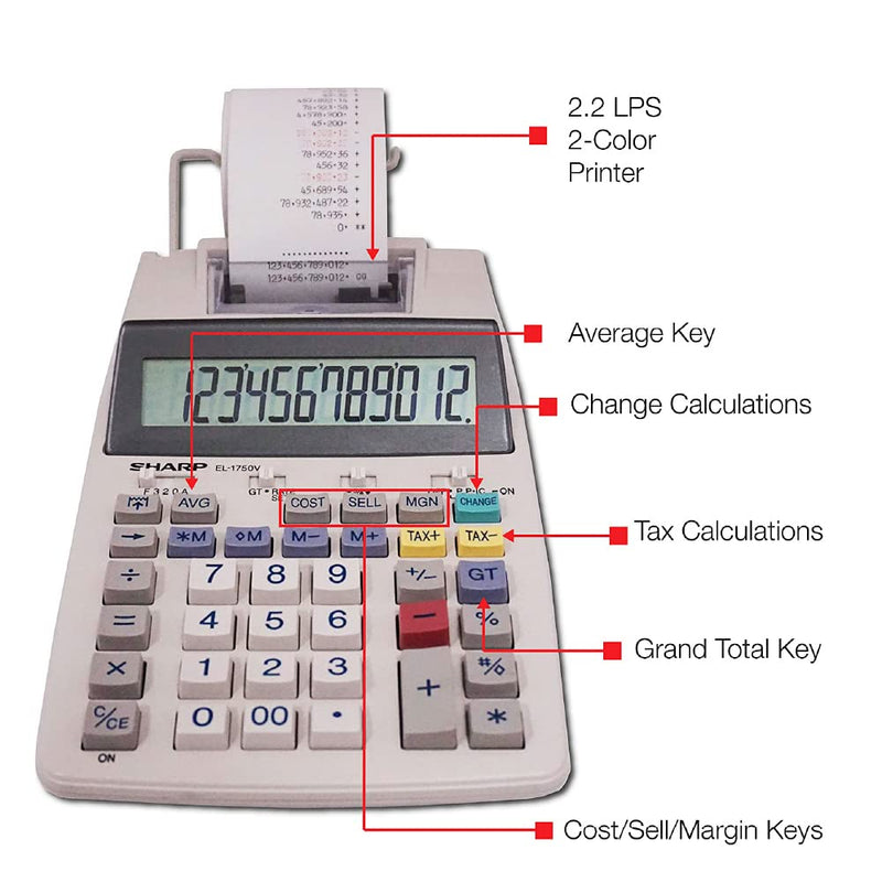 Sharp SH-EL1750V Printing Calculator, Black/Red