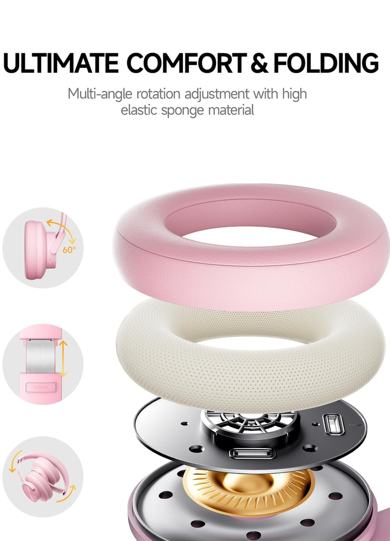 [AUSTRALIA] - Picun B8 Headphones Wireless Bluetooth, 120H Bluetooth Headphones Over Ear with 3EQ Music Modes, Hands-Free Calls, Deep Bass Headphones for Travel Home Office Cellphone PC (Pink) Pink 