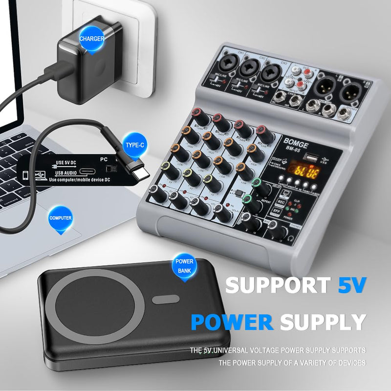 BOMGE Audio Mixer, Sound Board Mixing Console with 5 Channel Digital USB Bluetooth Echo Delay Effect, 48V Phantom Power Stereo DJ Mixers for Recording, Live Streaming, Podcasting (BM-05 5 canales) BM-05 5 canales