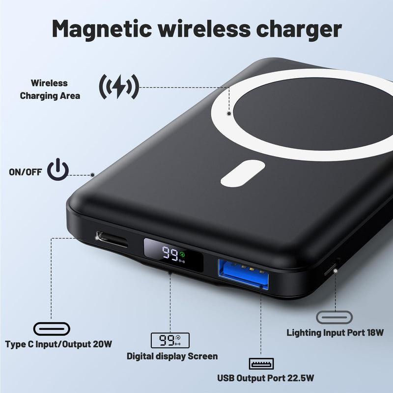 AOGUERBE for Magsafe Battery Pack, 10000mAh Magnetic Power Bank with (22.5W) USB-C Fast Charging, Wireless Mag-Safe Portable Charger with LED Display & Foldable Stand for iPhone 16/15/14/13/12 Series Black