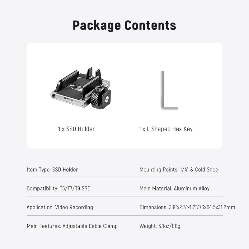 [AUSTRALIA] - NEEWER Universal SSD Holder Mount Bracket with Cold Shoe/Cable Clamp, 1.6"-2.6" for T5 T7 T9 SSD, Compatible with SmallRig Cage for BMPCC 4K 6K, 15 Pro/15 Pro Max Phone Cage, UA059 
