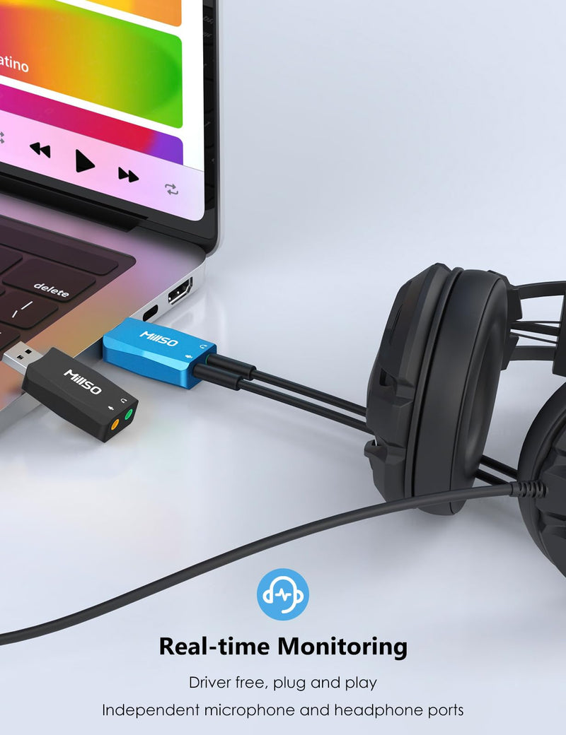 MillSO External USB Sound Card with Internal Recording Function, Portable USB to 3.5mm Audio Jack Adapter for PC, Computer, Recording, Training, Streaming, Podcasting - Blue