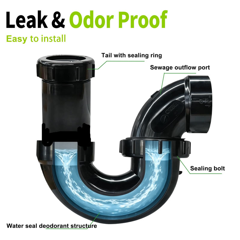 LESSO P Trap with Threaded Adapter Ring,1-1/2" Leak & Odor Proof Drain Kits for Bathroom/Kitchen/RV Sink Drain, ABS P Trap 1-1/2 Inch P-Trap-A