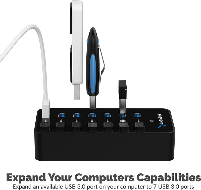 SABRENT 36W 7-Port USB 3.0 Hub with Individual Power Switches and LEDs Includes 36W 12V/3A Power Adapter (HB-BUP7)