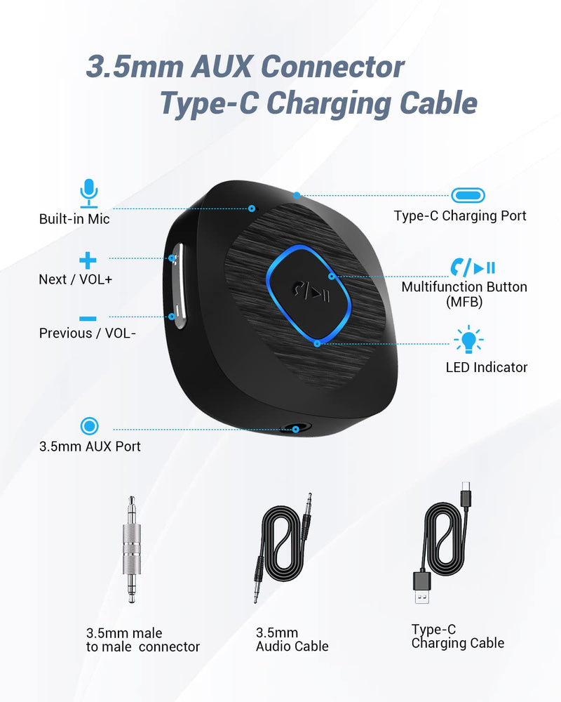 Bluetooth 5.3 Transmitter Receiver, Bluetooth AUX Adapter for Car, 2-in-1 Wireless Audio Adapter for TV/Home Stereo/Headphones/Speakers, with 3.5 mm AUX Input/Output Transceiver
