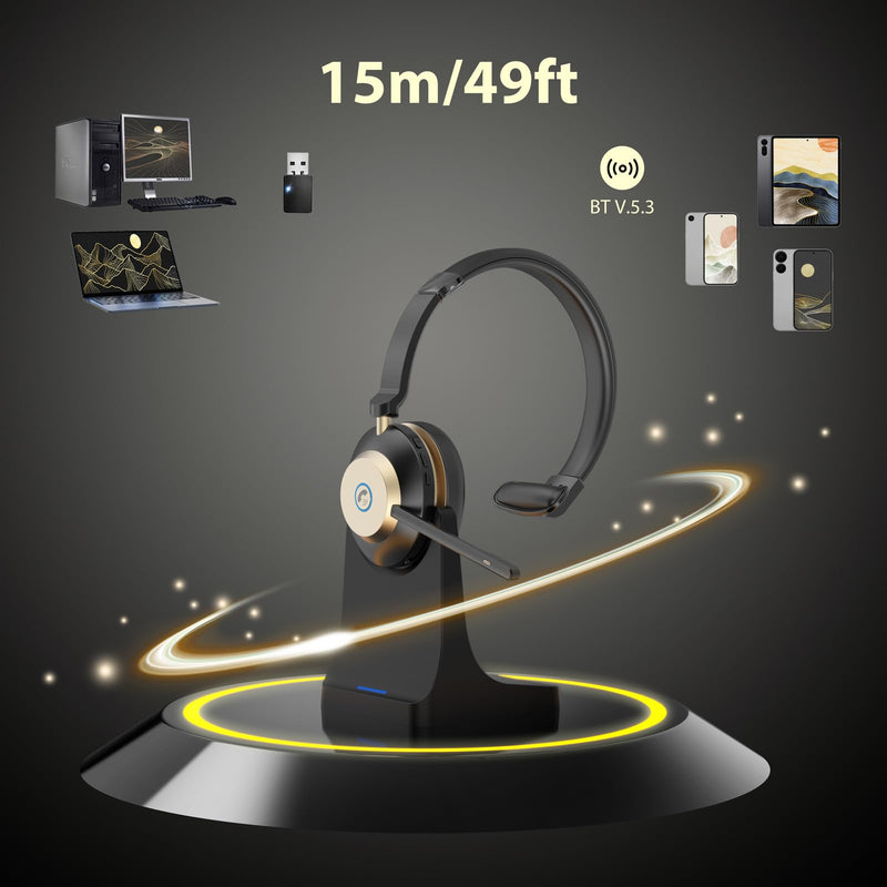 [AUSTRALIA] - Bluetooth Headset, V5.3 Wireless Headset with Mic for Work, 45Hrs Computer Headset with Microphone, Noise Cancelling Mic, Charging Base, USB Dongle & Mute Button for PC, Skype, Zoom 