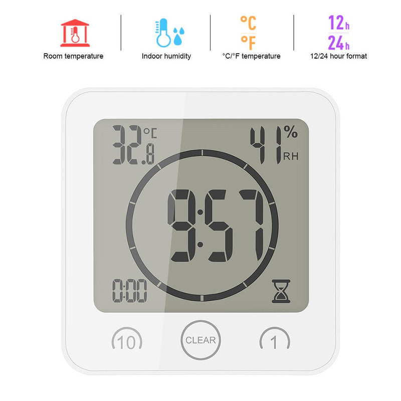 AOZBZ Shower Wall Clock, Digital Kitchen Timer with Alarm, Waterproof Touch Screen Timer, Temperature Humidity Display with Suction Cup Hanging Hole (White) White