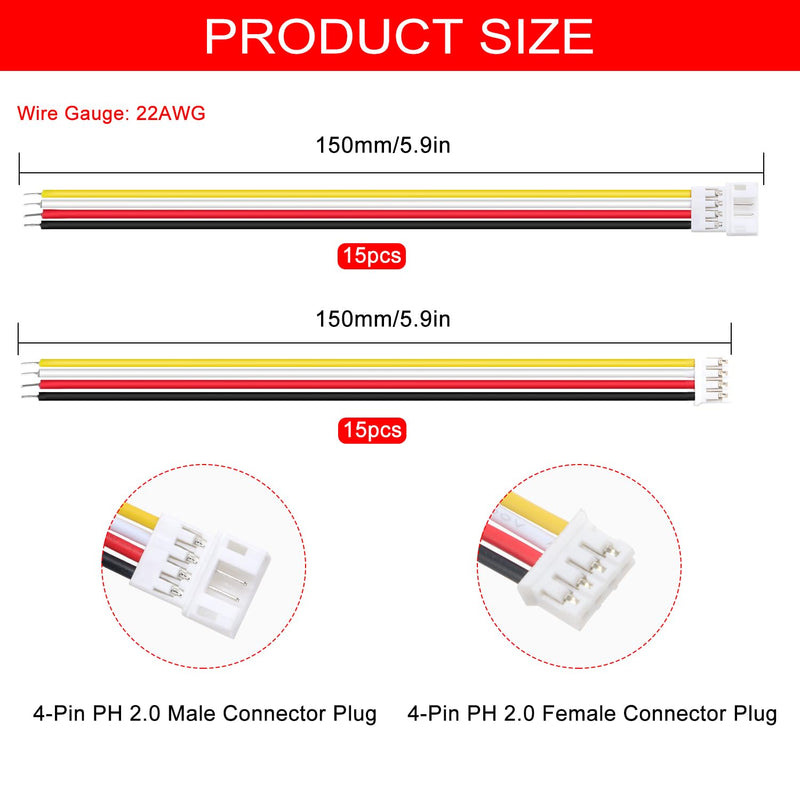 Lyeteung 15 Pairs JST 2.0 PH 4 Pin Connectors, Mini Micro JST PH 2.0mm 4-Pin Female and Male with 150mm 22AWG Cable Wire 4 Pin + Cable