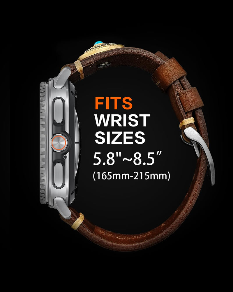 Leather Band ONLY for Samsung Galaxy Watch 8 Classic & Galaxy Watch 8 (40/44/46mm), Replacement Strap with Rotating Dial Decor, Genuine Leather No Gap Replacement Straps for Samsung Watch 8, Fit 5.8”-8.5”(Black) Brown