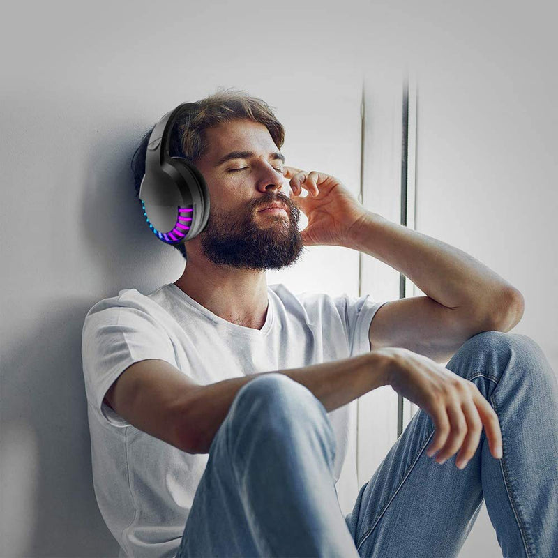 Wireless Bluetooth Headphone with Noise Cancellation HiFi Stereo Sound Mic Deep Bass Protein Earpad Rainbow RGB Backlight Rechageable Over Ear Headset for PC Mac Game Travel Class Home Office(Black) Black