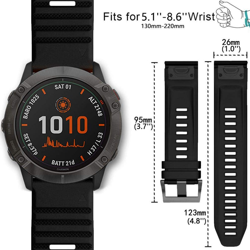 Quick Easy Fit Watch Band for Garmin Fenix 6X Pro/Sapphire,26mm Soft Non-allergenic Silicone Sport Waterproof Wristband Strap for Garmin Fenix 5X/5X Plus,Fenix 3,Quatix 3,Tactix Bravo(Black)