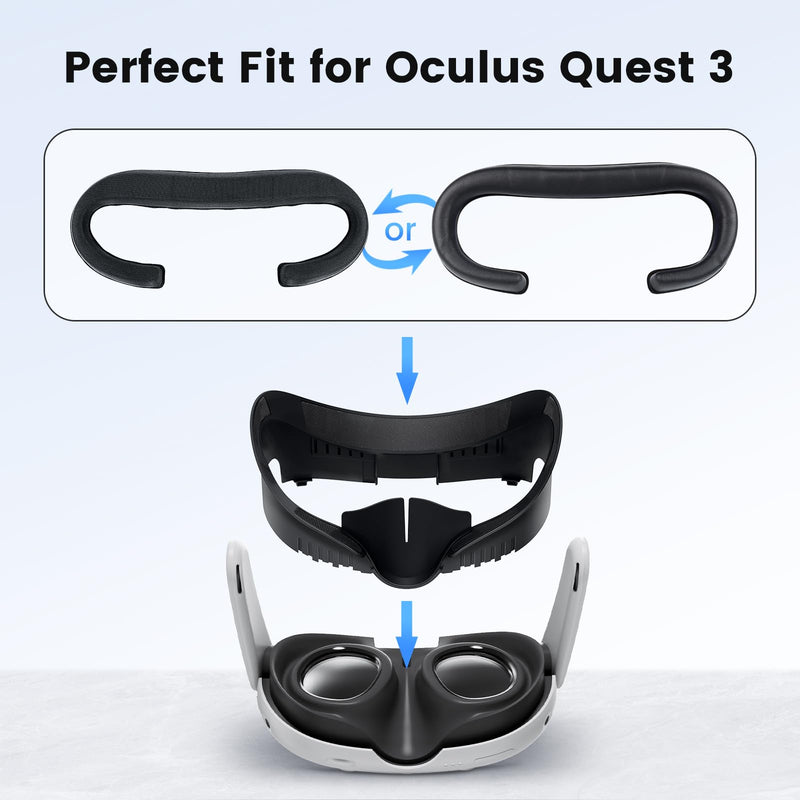 Face Cover Pad for Oculus Quest 3, 2 Replacement Face Cushion Pad(1 Cooling Gel, 1 PU Leather) with Facial Interface Frame, VR Accessories Set for Meta Quest 3 Including Anti-Leakage Nose Pad